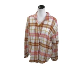 A.N.A Pink/Yellow V-Slit Neckline Flannel Top Size Large